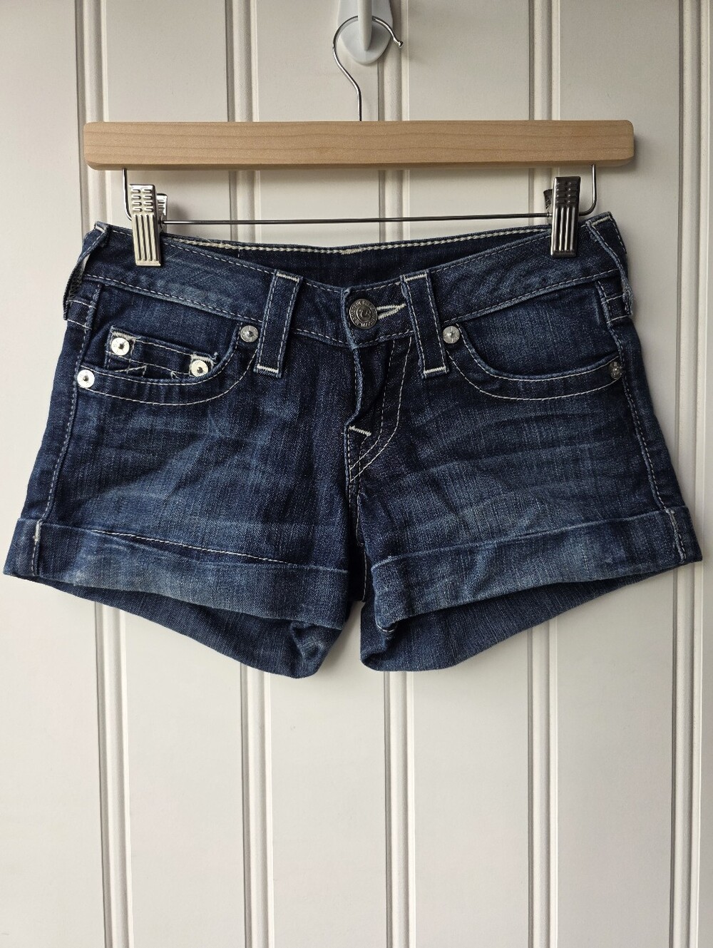True Religion Cuffed Denim Rolled Shorts Dark Blue Womens Size 25